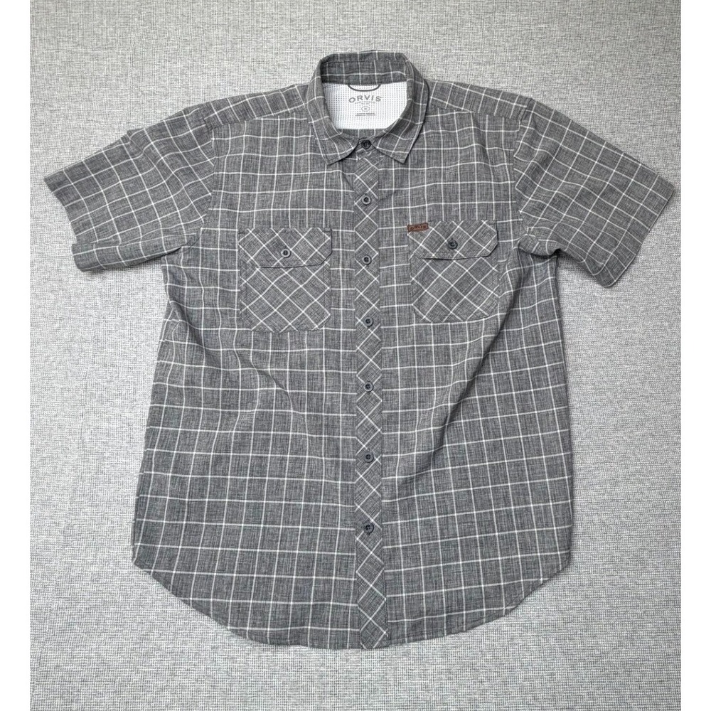 Orvis Grey White Grid Plaid Short Sleeve Button Down Shirt Mens Medium Vent Back